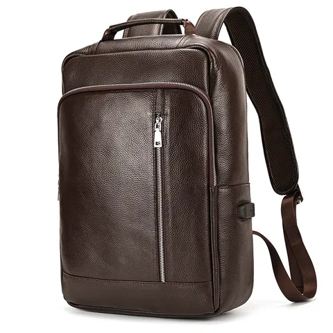 Men Business Leather Backpack Waterproof 16 Inch Laptop Bag USB Charging Commuter Casual Genuine Cowhide School Bookbag