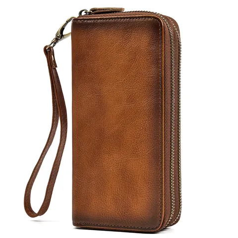 Men's Genuine Leather Long Wallet Vintage Brush-Finished Double Zipper Business Clutch Purse With Wrist Strap