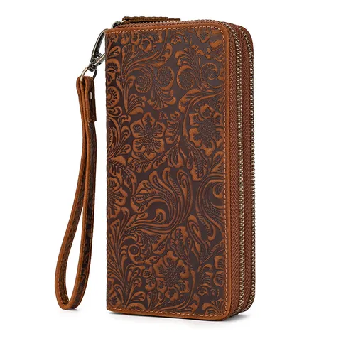 Men's Genuine Leather Long Wallet Vintage Crazy Horse Embossed Double Zipper Clutch Bag Business Card Holder Phone Purse