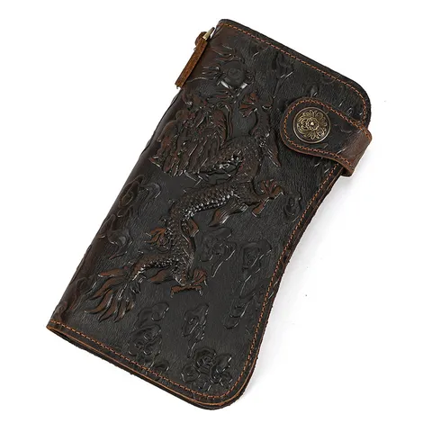 Men's Vintage Genuine Leather Long Wallet Dragon Tiger Pattern Business Clutch Purse With Chain