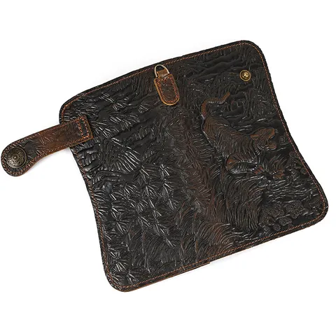 Men's Vintage Genuine Leather Long Wallet Dragon Tiger Pattern Business Clutch Purse With Chain