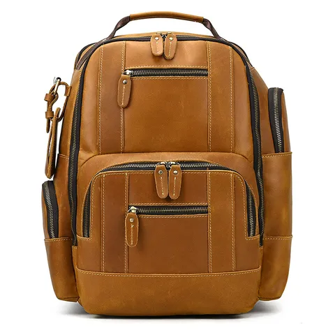 Men's Vintage Genuine Leather Backpack Large Capacity Casual Travel Business Commute Laptop School Bag Multi-Pocket
