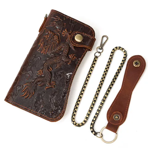 Men Genuine Leather Long Wallet Vintage Crazy Horse Cowhide Bifold Purse With Metal Chain Embossed Dragon Pattern