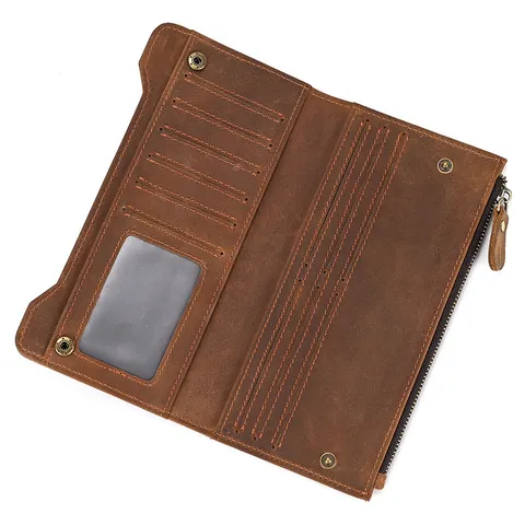 Retro Hombres Cuero Crazy Horse Billetera Larga Plegable Primera Capa Vaca Monedero Múltiples Ranuras Tarjetas Cartera Casual