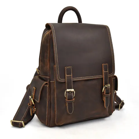 Vintage Genuine Leather Men Backpack Business Travel Laptop Bookbag Casual Retro Large Capacity Waterproof School Bag