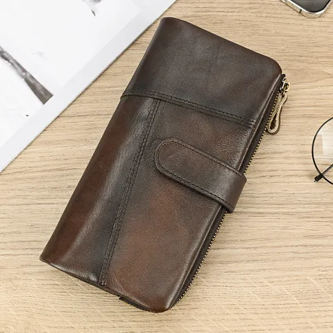 Vintage Genuine Leather Long Wallet For Men Multi Card RFID Blocking Chain Wallet Retro Distressed Purse