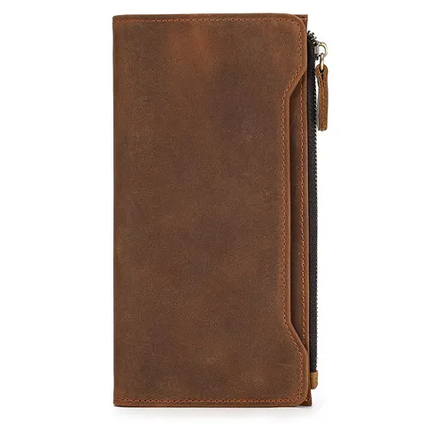 Retro Hombres Cuero Crazy Horse Billetera Larga Plegable Primera Capa Vaca Monedero Múltiples Ranuras Tarjetas Cartera Casual