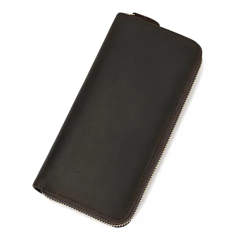 Heren Vintage Echt Lederen Lange Portemonnee Bifold Rits Meerdere Kaarthouder Grote Capaciteit Tas