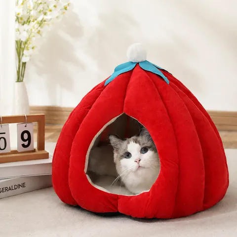 Cama Cerrada para Gatos de Calabaza Cálida de Invierno Lindo Peluche Suave Nido de Perro Pequeño Artículos para Mascotas