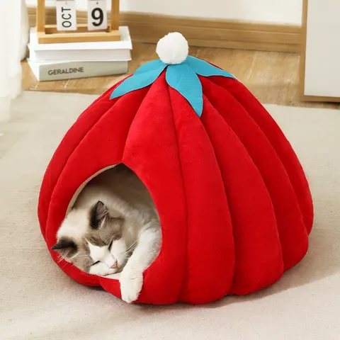 Cama Cerrada para Gatos de Calabaza Cálida de Invierno Lindo Peluche Suave Nido de Perro Pequeño Artículos para Mascotas