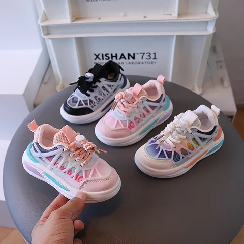 Kids Breathable Mesh Running Shoes Synthetic Leather Color Block Toddler Casual Sneakers For Boys Girls Spring Autumn