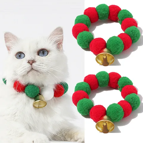 Christmas Pet Cat Dog Collar Festive Pom-Pom Bell Neck Strap Adjustable Puppy Holiday Party Decorative Jewelry