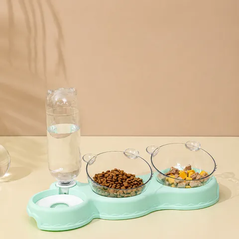 Distributeur Automatique de Nourriture et d'Eau pour Animaux de Compagnie Double Bol en Plastique avec Bouteille Transparente Design Oreille d'Ours pour Chats Chiens