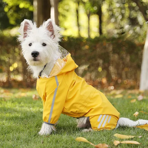 Imperméable pour Chien de compagnie Imperméable à Quatre Pattes Veste de Pluie pour Chiot avec Capuche transparente Bande Réfléchissante Vêtement d'Extérieur
