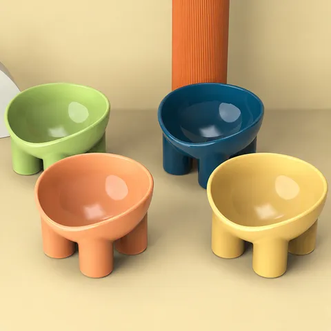 Raised Pet Cat Bowl Anti-Tipping Feeding Bowl Plastic Stainless Steel Macaron Color Pet Food Water Bowl For Cats Dogs