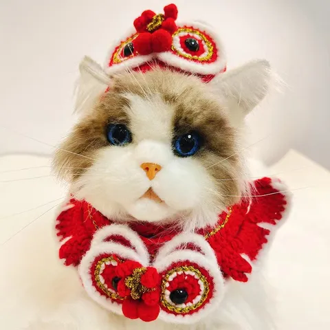Cute Chinese Style Lion Dance Pet Hat And Scarf Set Knitted Warm Costume Accessories For Cats Kittens Pet Apparel