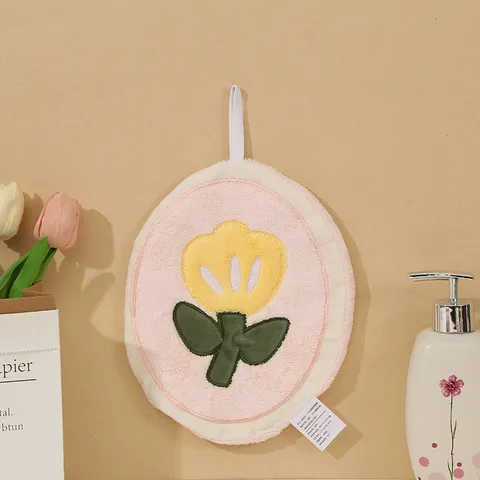 Cute Cartoon Coral Fleece Hanging Hand Towel Kitchen Absorbent Cleaning Cloth Thickened Dish Cloth With Lanyard Floral Design