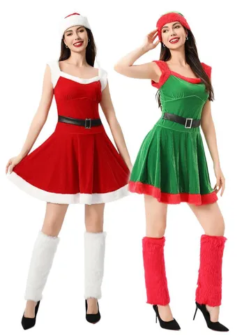 Women Sexy Christmas Santa Claus Cosplay Costume Velvet Dress With Hat Festive Party Holiday Outfit