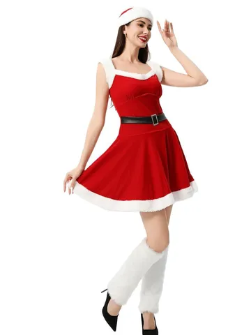 Women Sexy Christmas Santa Claus Cosplay Costume Velvet Dress With Hat Festive Party Holiday Outfit