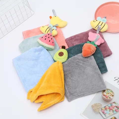 Coral Fleece Hand Towel Cute Cartoon Animal Fruit Hanging Absorbent Washcloth Fast Drying Kitchen Bathroom Hand Towel