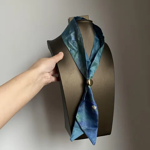 Vintage Blau Batik Ölgemälde Schal Halskette Für Damen Satin Verstellbar Legierung Ring Retro Halstuch Zubehör