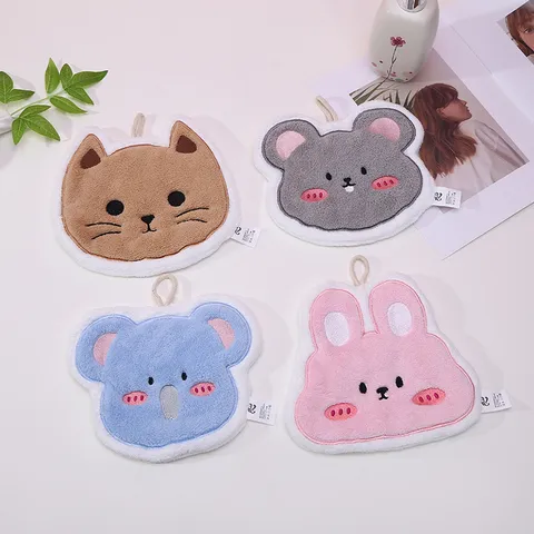 Cute Animal Hanging Hand Towel Thickened Absorbent Coral Fleece Washcloth Cartoon Pattern For Kitchen And Bathroom
