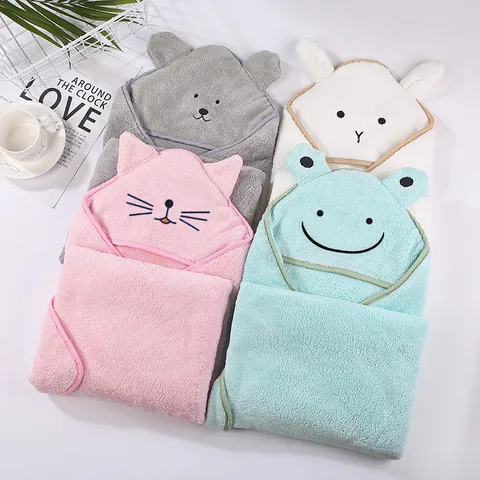 Kids Hooded Bath Towel Coral Fleece Absorbent Soft Cartoon Animal Baby Cloak Newborn Bathrobe Infant Wrap Blanket