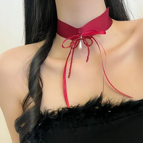 Vintage Hofstil Legierung Schleife Choker Halskette Für Damen Elegante Kropfkette Künstliche Perle Quaste Anhänger Halskette Schmuck