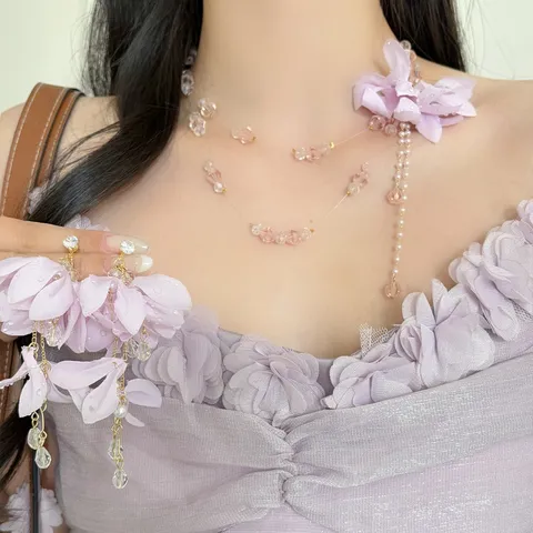 Vacation Style Purple Flower Beaded Necklace And Tassel Earring Set For Women Sweet Fresh Acrylic Rhinestone Fabric Floral Jewelry