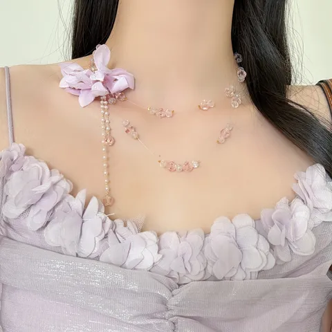 Vacation Style Purple Flower Beaded Necklace And Tassel Earring Set For Women Sweet Fresh Acrylic Rhinestone Fabric Floral Jewelry