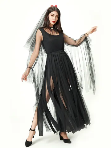 Women Gothic Halloween Vampire Ghost Bride Long Dress Dark Cosplay Party Performance Costume With Choker