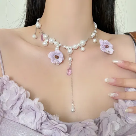 Korean Style Alloy Artificial Pearl Tassel Flower Pendant Necklace For Women Elegance Rhinestone Clavicle Chain Jewelry Gift