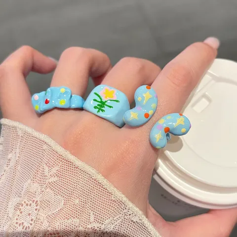 Sweet Colorful Enamel Glaze Open Rings For Women Fashion Flower Star Pattern Alloy Finger Ring Trendy Jewelry Daily Accessorise