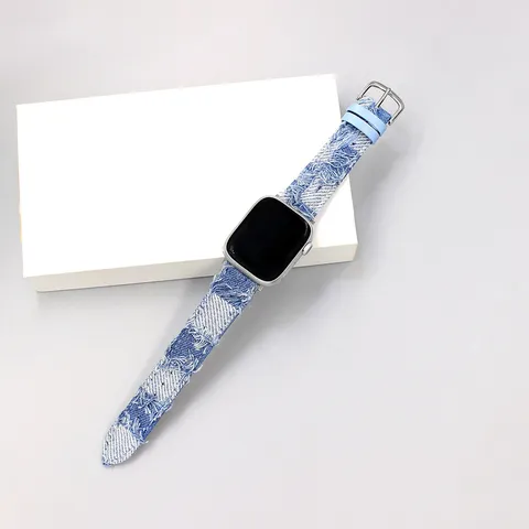 Cinturino per Orologio in Denim e Vera Pelle Moda Fantasia a Quadri Cinturino di Ricambio con Fibbia in Metallo per Smartwatch