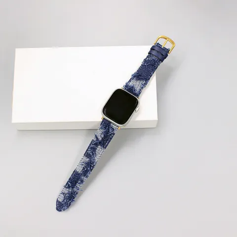 Cinturino per Orologio in Denim e Vera Pelle Moda Fantasia a Quadri Cinturino di Ricambio con Fibbia in Metallo per Smartwatch