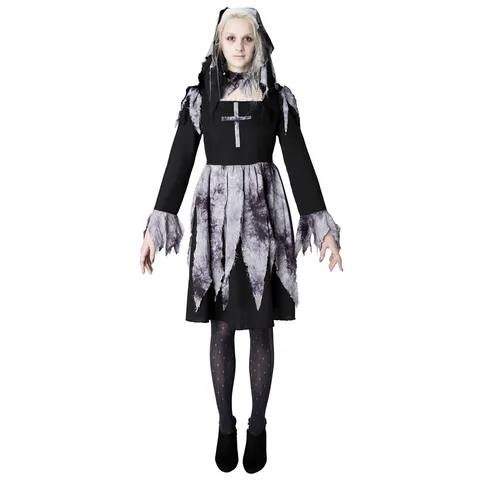 Sexy Gothic Nun Cosplay Costume Women Halloween Dark Distressed Long Dress With Headpiece And Neck Accessory Party Outfit