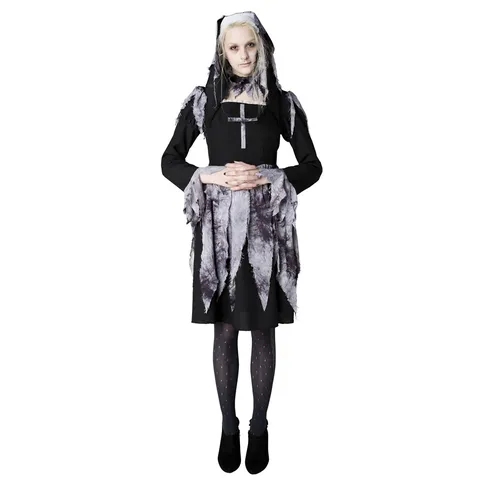 Sexy Gothic Nun Cosplay Costume Women Halloween Dark Distressed Long Dress With Headpiece And Neck Accessory Party Outfit