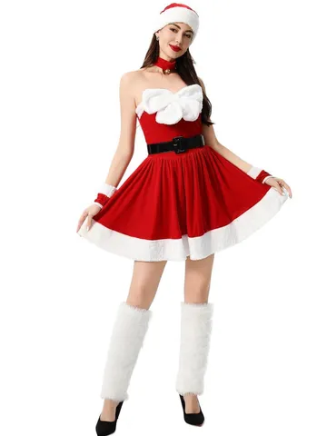 Donne Sexy Natale Babbo Natale Velluto Mini Abito Costume Set Con Cappello Cintura Guanti E Girocollo