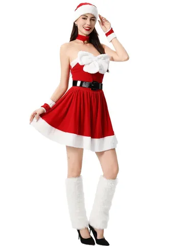 Donne Sexy Natale Babbo Natale Velluto Mini Abito Costume Set Con Cappello Cintura Guanti E Girocollo