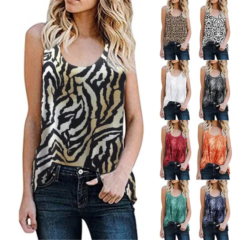 Women Casual Cotton Blend Tank Top Fashion Sleeveless Round Neck T-Shirt Pullover Loose Leopard Flower Print Summer Wear