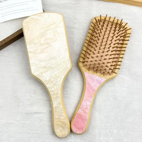 Cepillo de Pelo de Paleta de Bambú y Acetato Hecho a Mano con Cojín de Aire Masaje del Cuero Cabelludo Retro Dientes de Madera Para Mujer