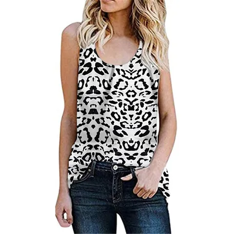 Women Casual Cotton Blend Tank Top Fashion Sleeveless Round Neck T-Shirt Pullover Loose Leopard Flower Print Summer Wear