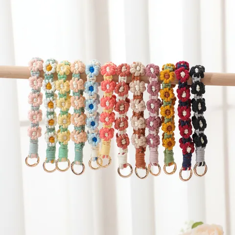 Handgemaakt Geweven Katoen Linnen Madeliefje Sleutelhanger Polsband Boheems Bloemen Sleutelring Tas Hanger Decoratie Vrouwen