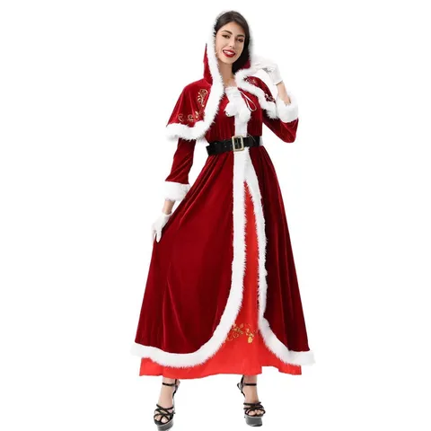 Women Christmas Santa Claus Costume Velvet Long Dress Cloak Belt Gloves Full Set Holiday Party Cosplay Outfit