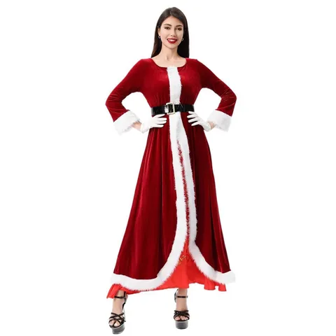 Women Christmas Santa Claus Costume Velvet Long Dress Cloak Belt Gloves Full Set Holiday Party Cosplay Outfit