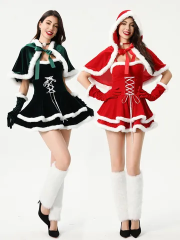 Women Sexy Christmas Santa Cosplay Costume Velvet Strapless Dress With Cloak Hat Gloves
