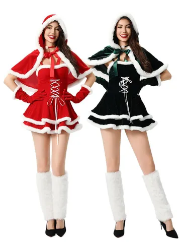 Women Sexy Christmas Santa Cosplay Costume Velvet Strapless Dress With Cloak Hat Gloves