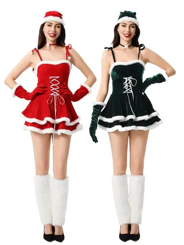 Women Sexy Christmas Santa Claus Costume Polyester Velveteen Strapless Dress Hat Choker Gloves Set For Holiday Party Lolita Style Outfit