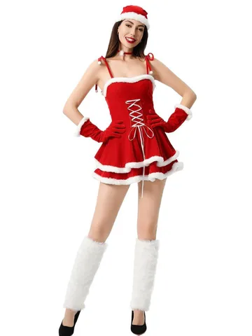 Women Sexy Christmas Santa Claus Costume Polyester Velveteen Strapless Dress Hat Choker Gloves Set For Holiday Party Lolita Style Outfit