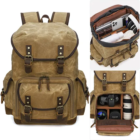 Vintage Canvas Photography Backpack Waterproof DSLR Camera Bag Multi-Function Mens Casual Travel Rucksack Computer Bag